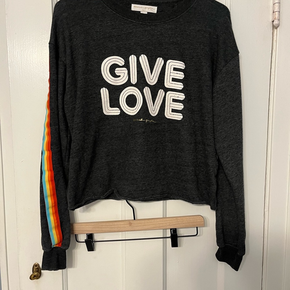Spiritual Gangster Charcoal Gray  'Give Love' Sweatshirt with Rainbow Stripes S